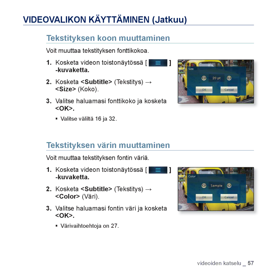 Samsung YP-P3JCB/XEE, YP-P3JEB/XEE manual Tekstityksen koon muuttaminen, Tekstityksen värin muuttaminen 