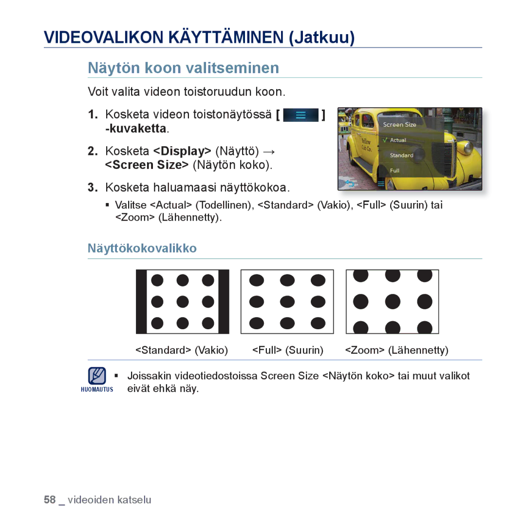 Samsung YP-P3JEB/XEE, YP-P3JCB/XEE manual Näytön koon valitseminen, Näyttökokovalikko 