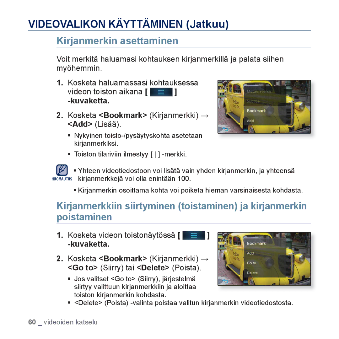 Samsung YP-P3JEB/XEE, YP-P3JCB/XEE manual Kirjanmerkin asettaminen 