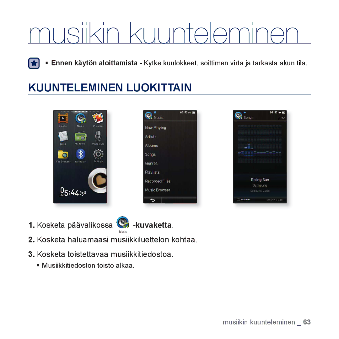 Samsung YP-P3JCB/XEE, YP-P3JEB/XEE manual Musiikin kuunteleminen, Kuunteleminen Luokittain 