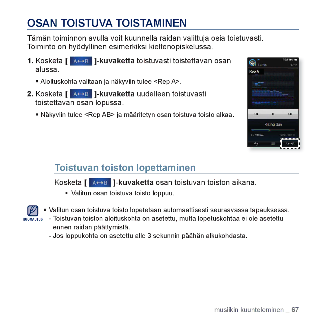 Samsung YP-P3JCB/XEE, YP-P3JEB/XEE manual Osan Toistuva Toistaminen, Toistuvan toiston lopettaminen 