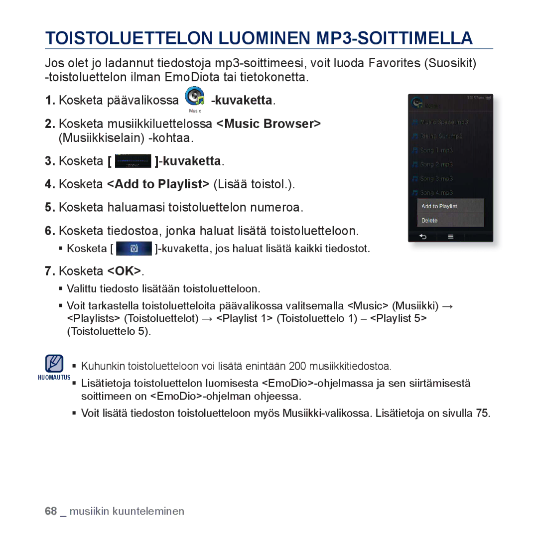 Samsung YP-P3JEB/XEE, YP-P3JCB/XEE manual Toistoluettelon Luominen MP3-SOITTIMELLA, Kosketa -kuvaketta 