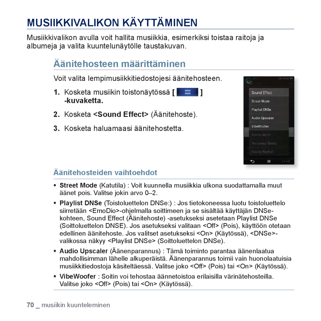 Samsung YP-P3JEB/XEE, YP-P3JCB/XEE Musiikkivalikon Käyttäminen, Äänitehosteen määrittäminen, Äänitehosteiden vaihtoehdot 