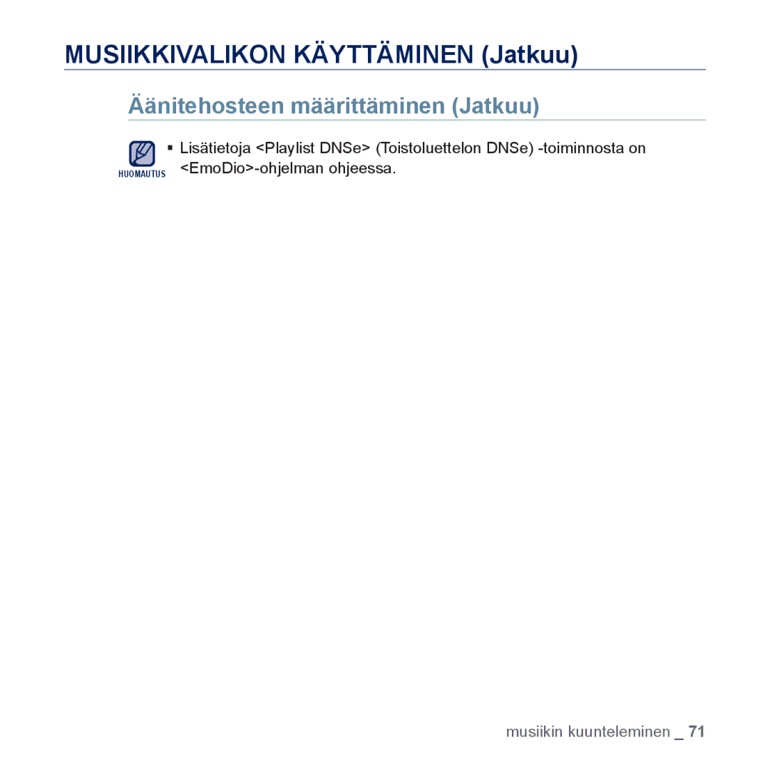 Samsung YP-P3JCB/XEE, YP-P3JEB/XEE manual Musiikkivalikon Käyttäminen Jatkuu, Äänitehosteen määrittäminen Jatkuu 