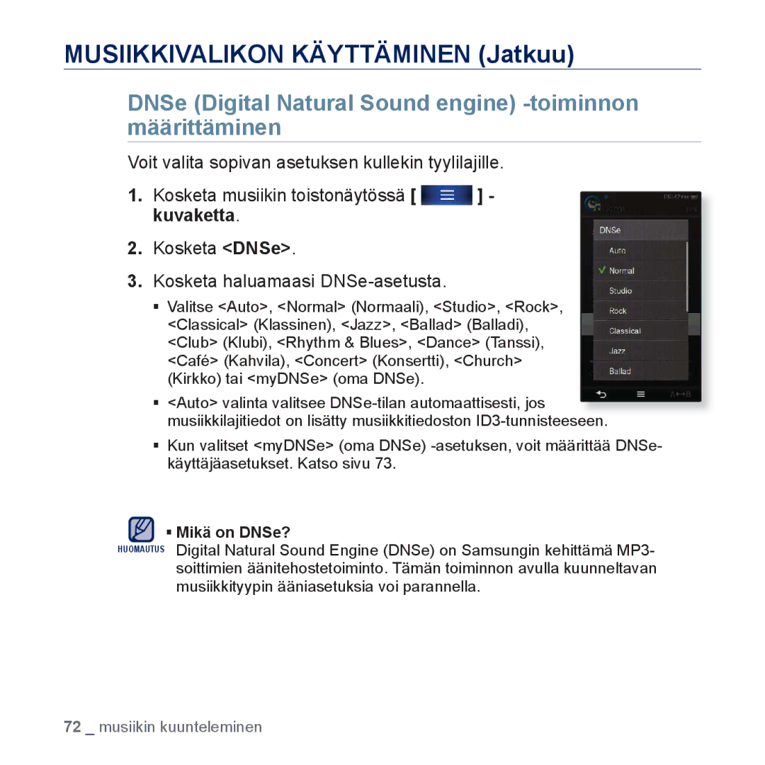 Samsung YP-P3JEB/XEE, YP-P3JCB/XEE manual DNSe Digital Natural Sound engine -toiminnon määrittäminen 