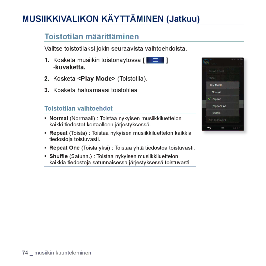 Samsung YP-P3JEB/XEE, YP-P3JCB/XEE manual Toistotilan määrittäminen, Toistotilan vaihtoehdot 