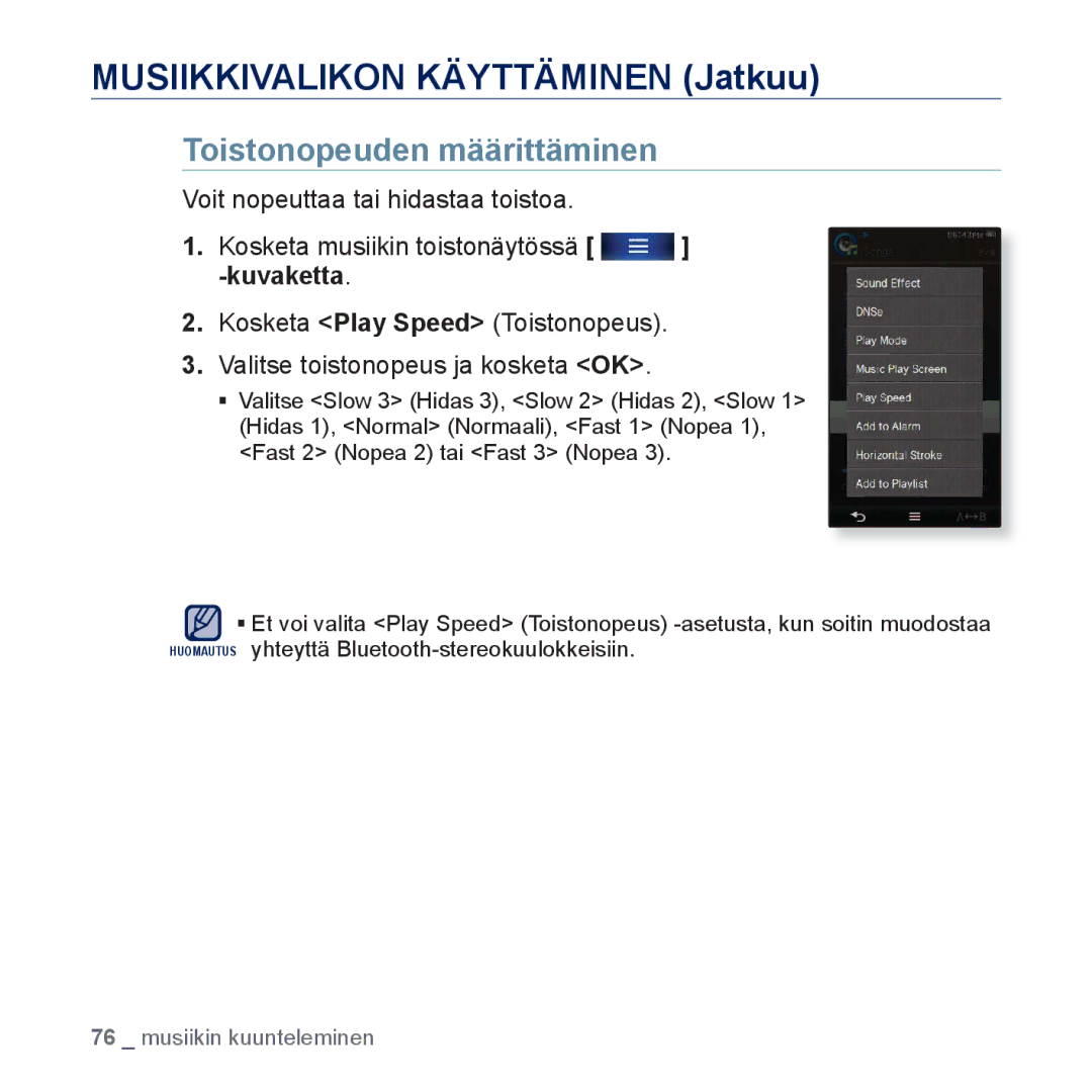 Samsung YP-P3JEB/XEE, YP-P3JCB/XEE manual Toistonopeuden määrittäminen 