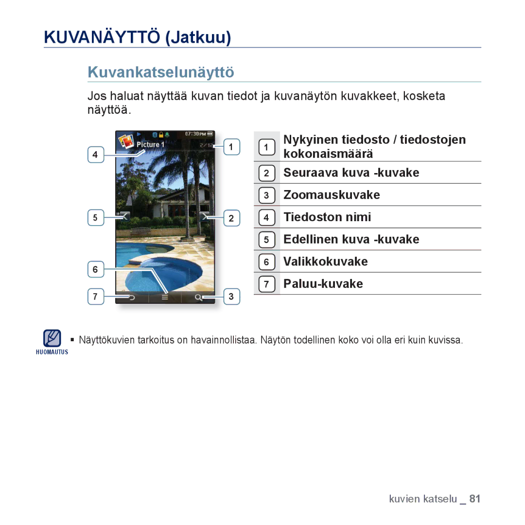 Samsung YP-P3JCB/XEE, YP-P3JEB/XEE manual Kuvanäyttö Jatkuu, Kuvankatselunäyttö 