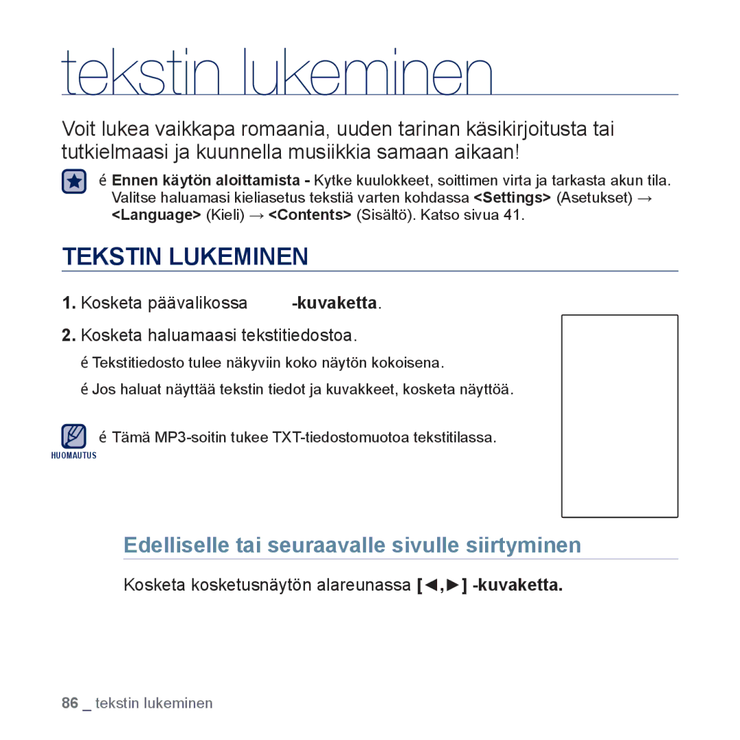 Samsung YP-P3JEB/XEE, YP-P3JCB/XEE Tekstin lukeminen, Tekstin Lukeminen, Edelliselle tai seuraavalle sivulle siirtyminen 