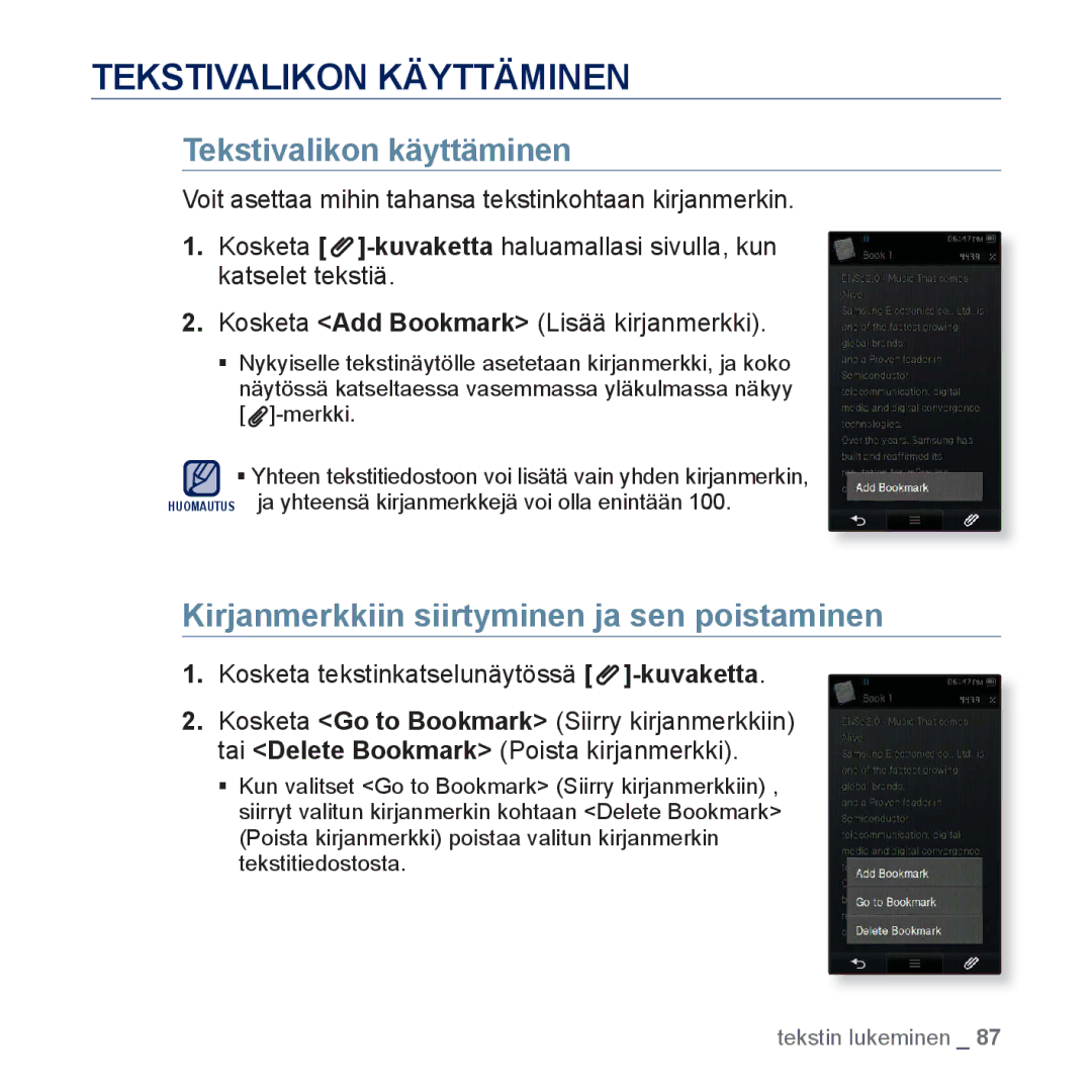 Samsung YP-P3JCB/XEE Tekstivalikon Käyttäminen, Tekstivalikon käyttäminen, Kirjanmerkkiin siirtyminen ja sen poistaminen 