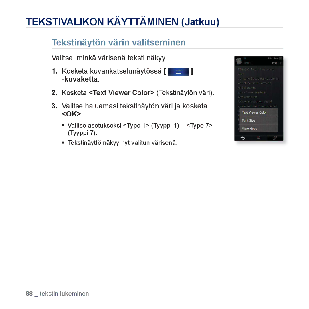 Samsung YP-P3JEB/XEE, YP-P3JCB/XEE manual Tekstivalikon Käyttäminen Jatkuu, Tekstinäytön värin valitseminen 