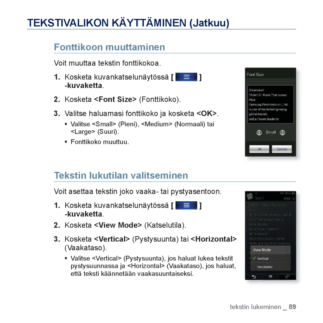 Samsung YP-P3JCB/XEE, YP-P3JEB/XEE manual Fonttikoon muuttaminen, Tekstin lukutilan valitseminen 