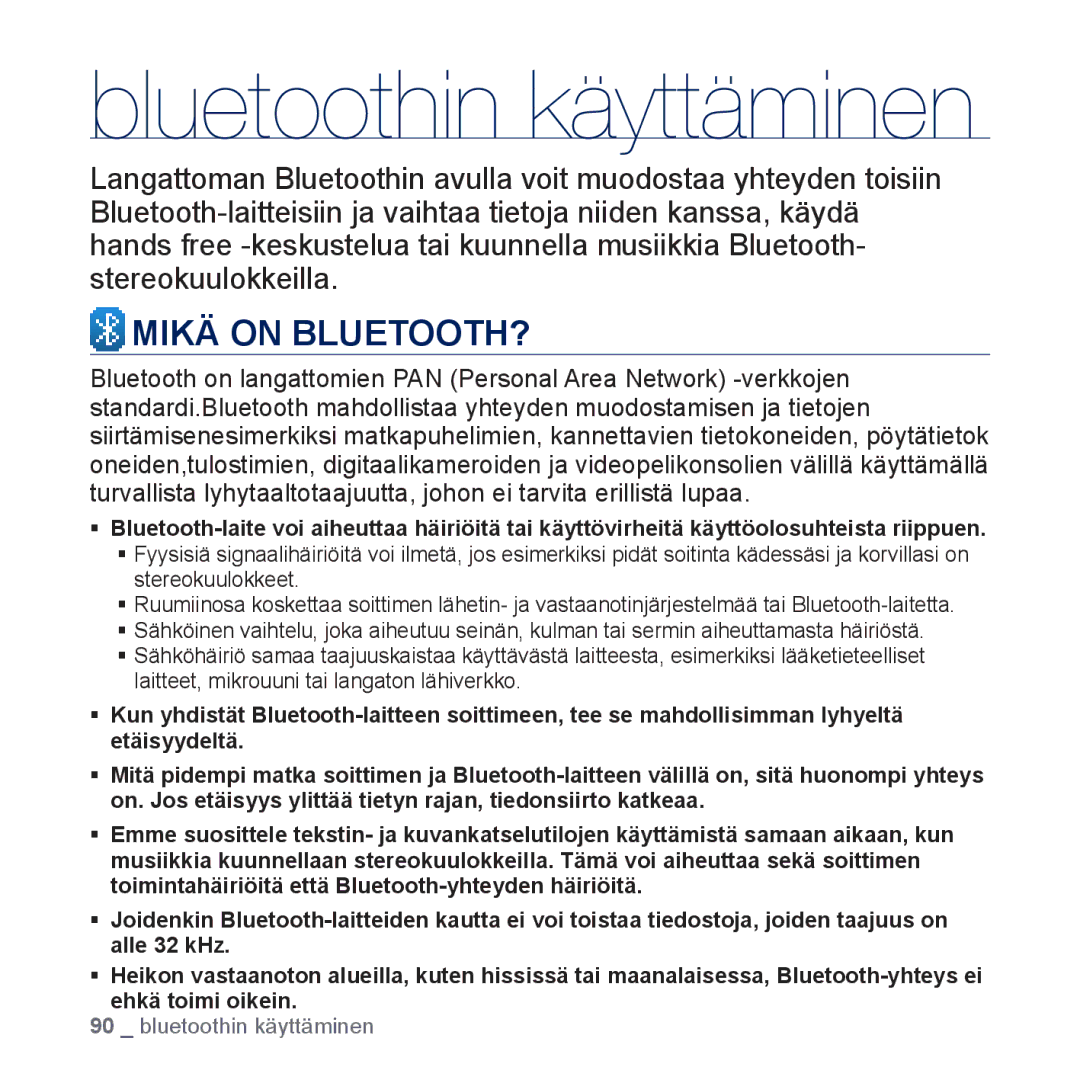 Samsung YP-P3JEB/XEE, YP-P3JCB/XEE manual Bluetoothin käyttäminen, Mikä on BLUETOOTH? 