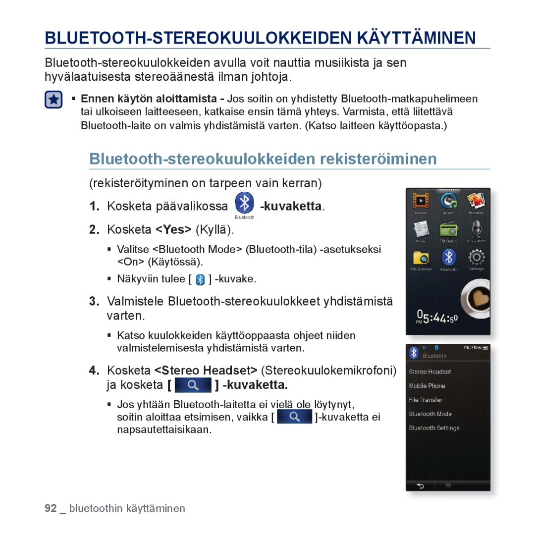 Samsung YP-P3JEB/XEE, YP-P3JCB/XEE BLUETOOTH-STEREOKUULOKKEIDEN Käyttäminen, Bluetooth-stereokuulokkeiden rekisteröiminen 