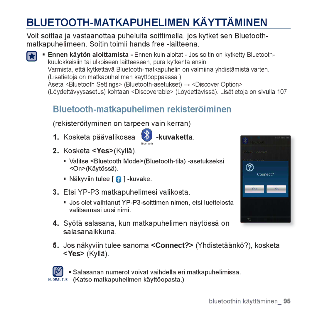 Samsung YP-P3JCB/XEE, YP-P3JEB/XEE manual BLUETOOTH-MATKAPUHELIMEN Käyttäminen, Bluetooth-matkapuhelimen rekisteröiminen 