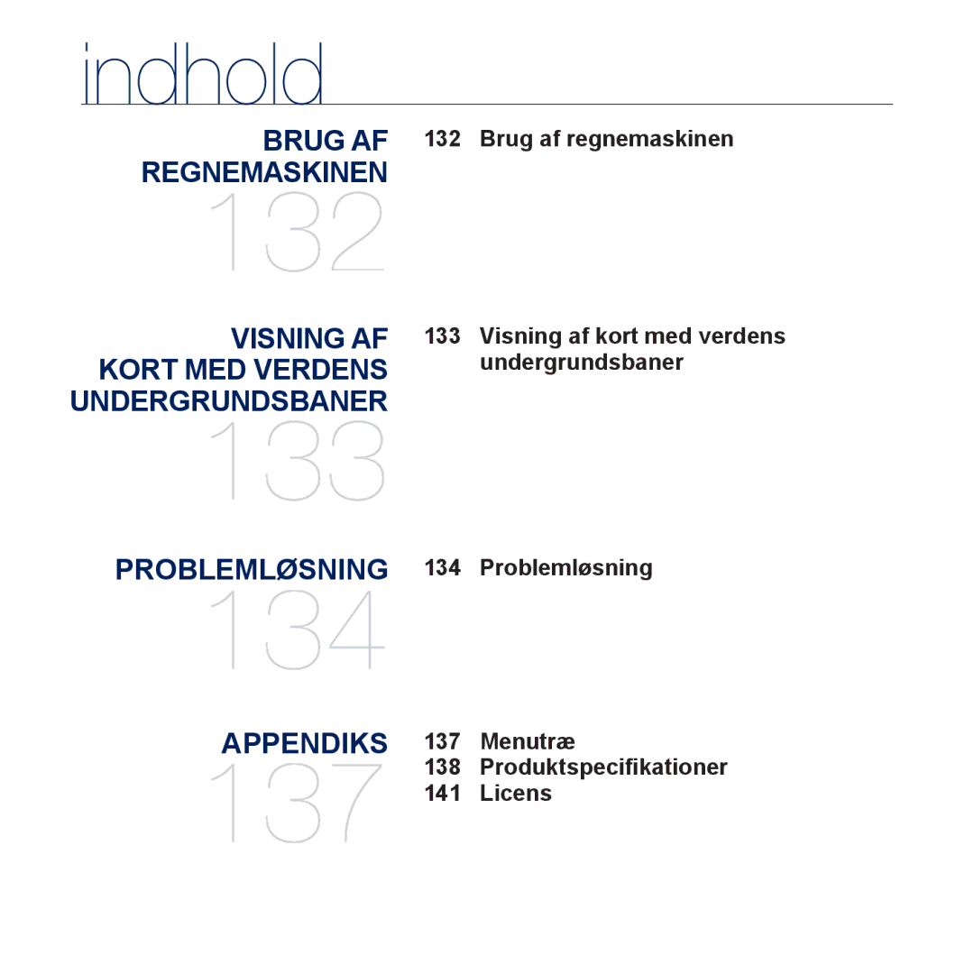 Samsung YP-P3JEB/XEE, YP-P3JCB/XEE manual Brug af regnemaskinen, Problemløsning Menutræ Produktspeciﬁkationer Licens 