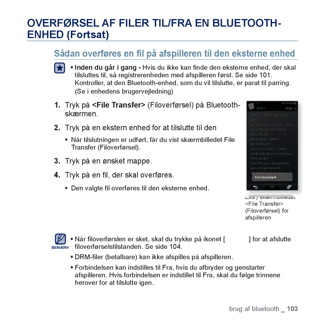 Samsung YP-P3JCB/XEE, YP-P3JEB/XEE manual Sådan overføres en ﬁl på afspilleren til den eksterne enhed 