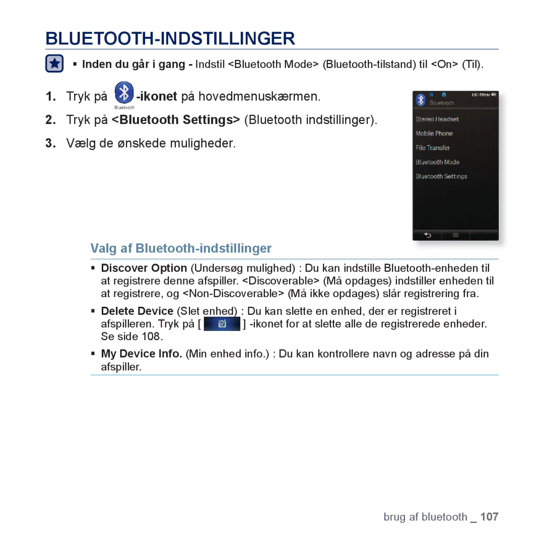 Samsung YP-P3JCB/XEE, YP-P3JEB/XEE manual Bluetooth-Indstillinger, Valg af Bluetooth-indstillinger 