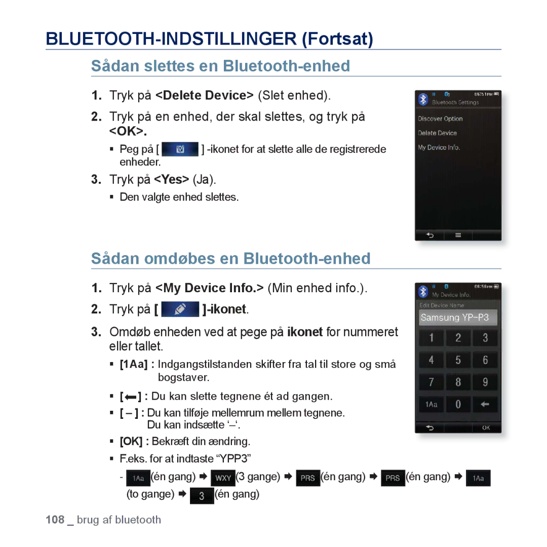 Samsung YP-P3JEB/XEE BLUETOOTH-INDSTILLINGER Fortsat, Sådan slettes en Bluetooth-enhed, Sådan omdøbes en Bluetooth-enhed 