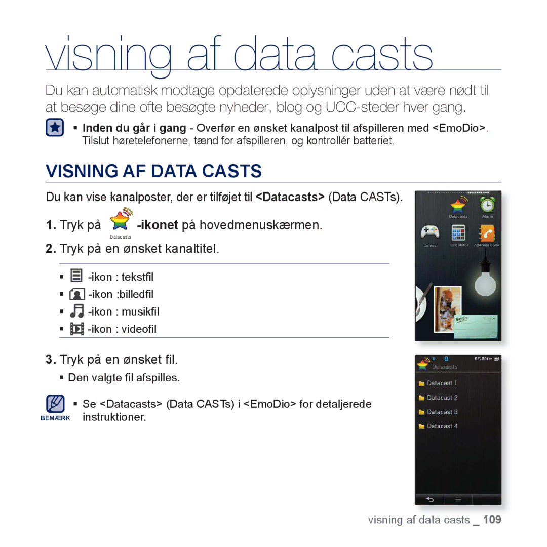 Samsung YP-P3JCB/XEE, YP-P3JEB/XEE manual Visning af data casts, Visning AF Data Casts 