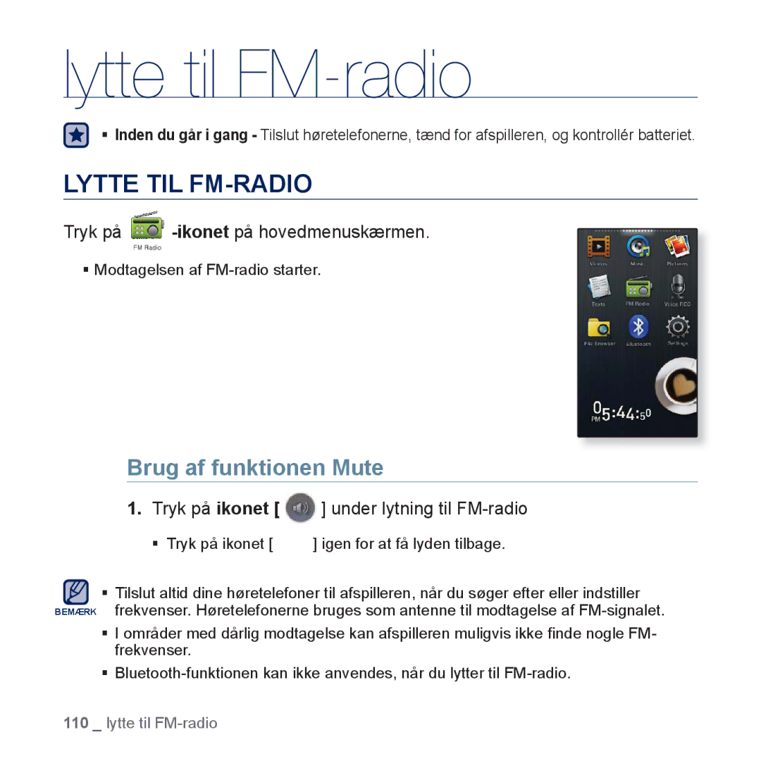 Samsung YP-P3JEB/XEE, YP-P3JCB/XEE manual Lytte til FM-radio, Lytte TIL FM-RADIO, Brug af funktionen Mute 