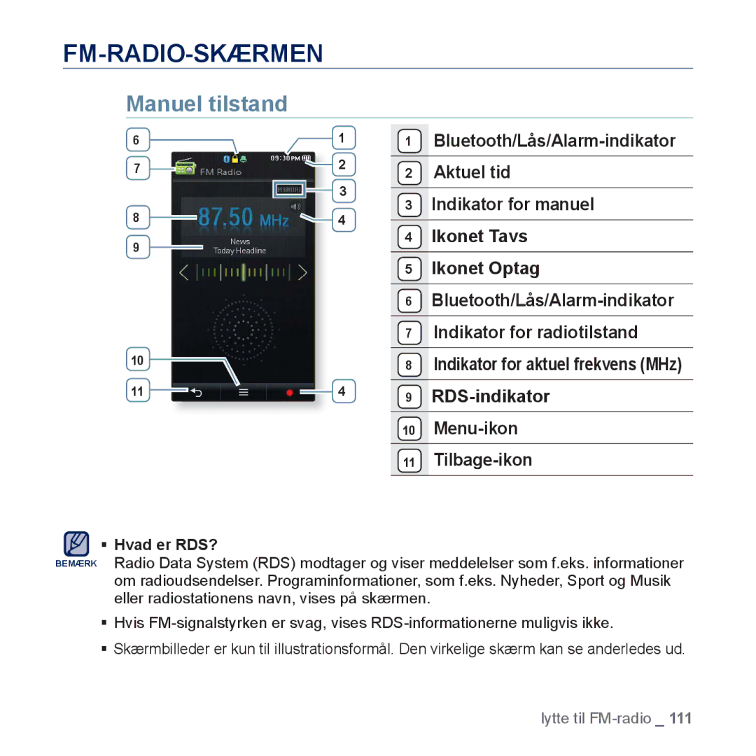 Samsung YP-P3JCB/XEE, YP-P3JEB/XEE manual Fm-Radio-Skærmen, Manuel tilstand, RDS-indikator 