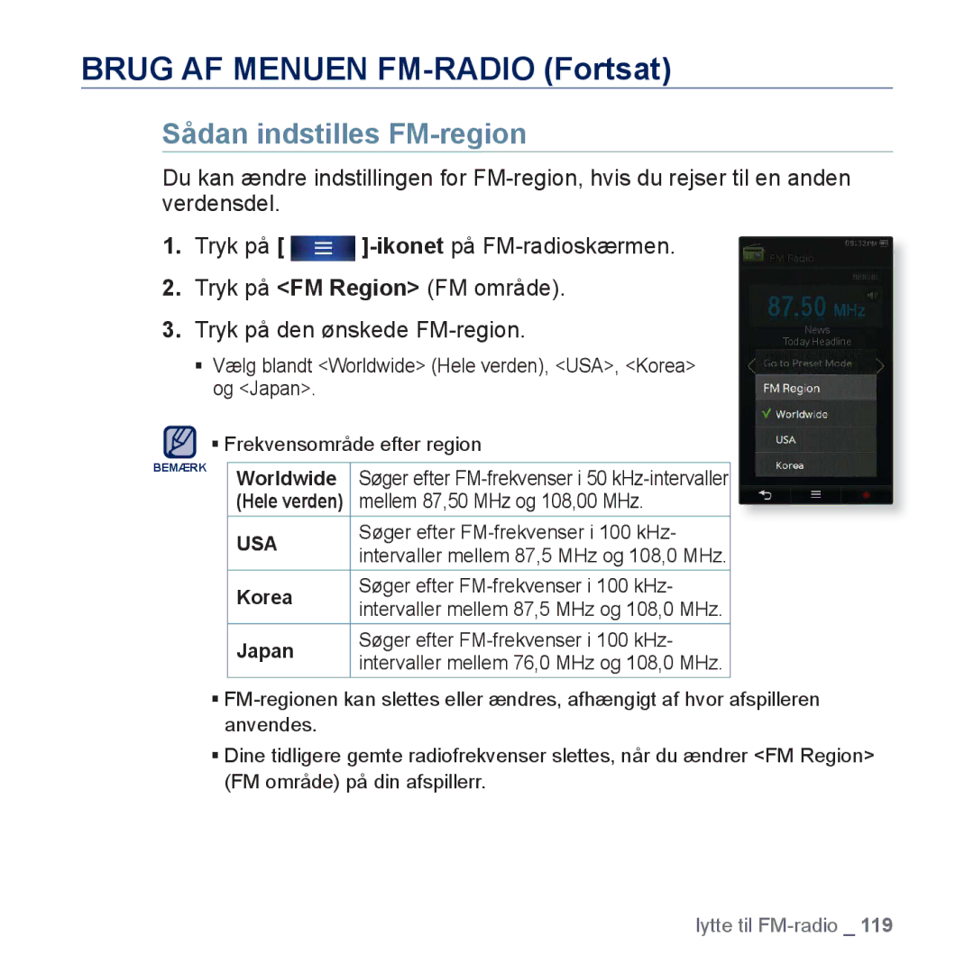 Samsung YP-P3JCB/XEE, YP-P3JEB/XEE manual Sådan indstilles FM-region, Usa 