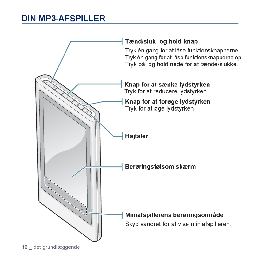 Samsung YP-P3JEB/XEE, YP-P3JCB/XEE manual DIN MP3-AFSPILLER, Tænd/sluk- og hold-knap, Knap for at sænke lydstyrken 