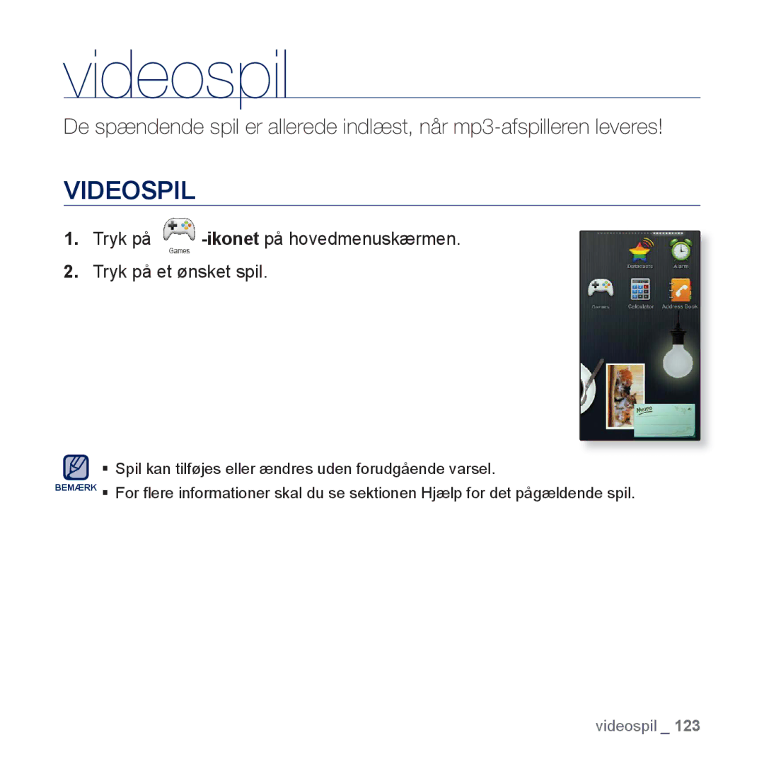 Samsung YP-P3JCB/XEE, YP-P3JEB/XEE manual Videospil, Tryk på -ikonetpå hovedmenuskærmen Tryk på et ønsket spil 