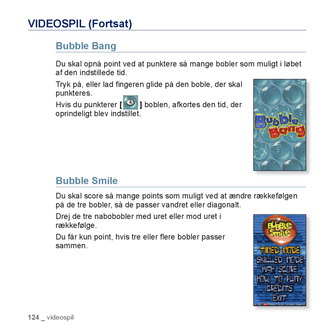 Samsung YP-P3JEB/XEE, YP-P3JCB/XEE manual Videospil Fortsat, Bubble Bang, Bubble Smile 