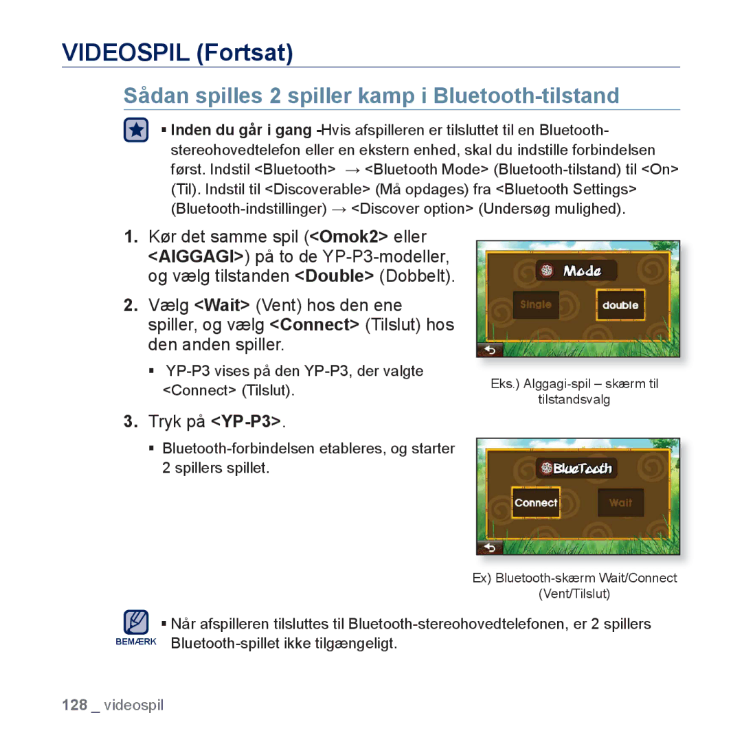 Samsung YP-P3JEB/XEE, YP-P3JCB/XEE manual Sådan spilles 2 spiller kamp i Bluetooth-tilstand, Tryk på YP-P3 