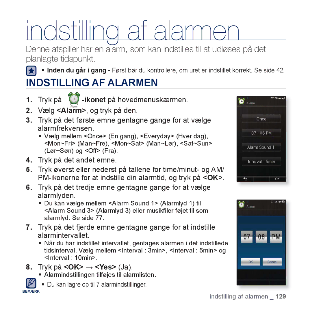 Samsung YP-P3JCB/XEE, YP-P3JEB/XEE manual Indstilling af alarmen, Indstilling AF Alarmen 