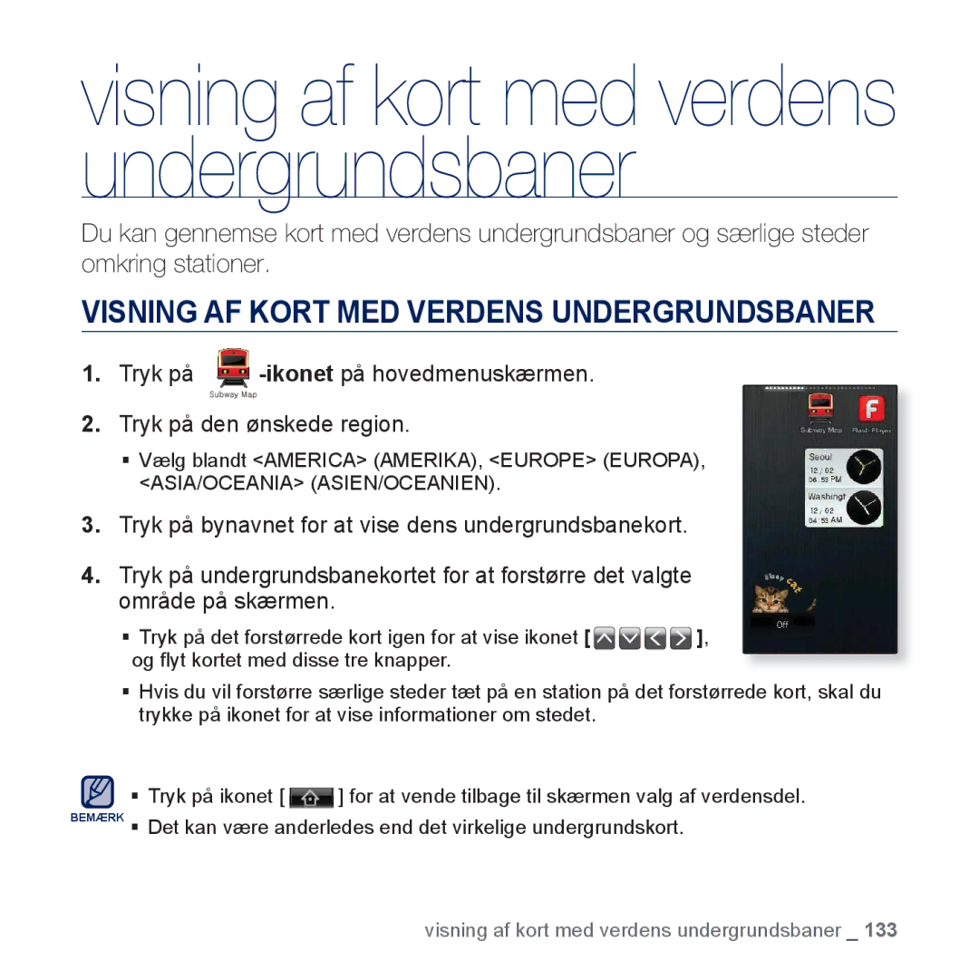 Samsung YP-P3JCB/XEE, YP-P3JEB/XEE manual Visning af kort med verdens undergrundsbaner 