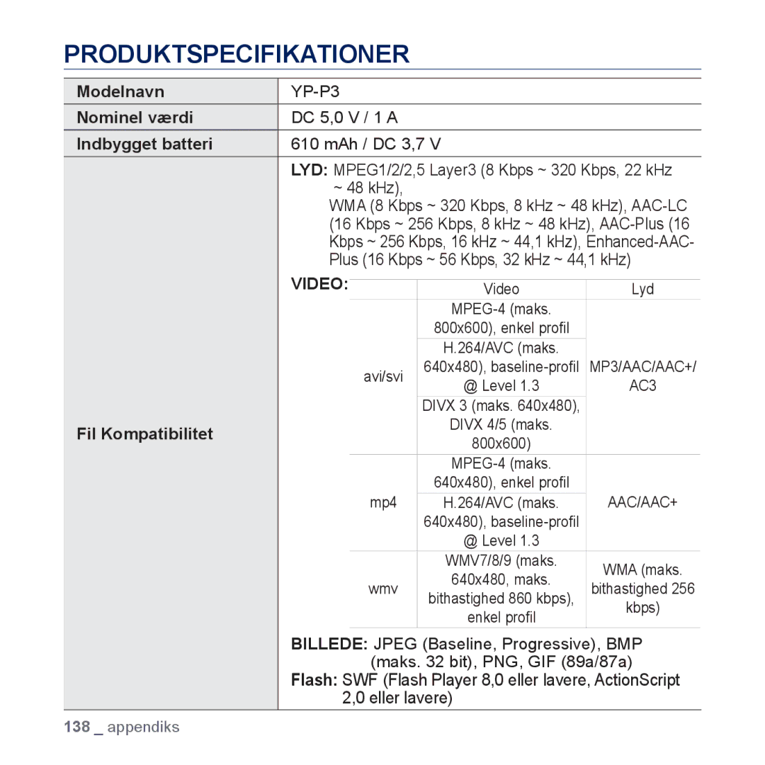 Samsung YP-P3JEB/XEE, YP-P3JCB/XEE manual Produktspecifikationer, Indbygget batteri 