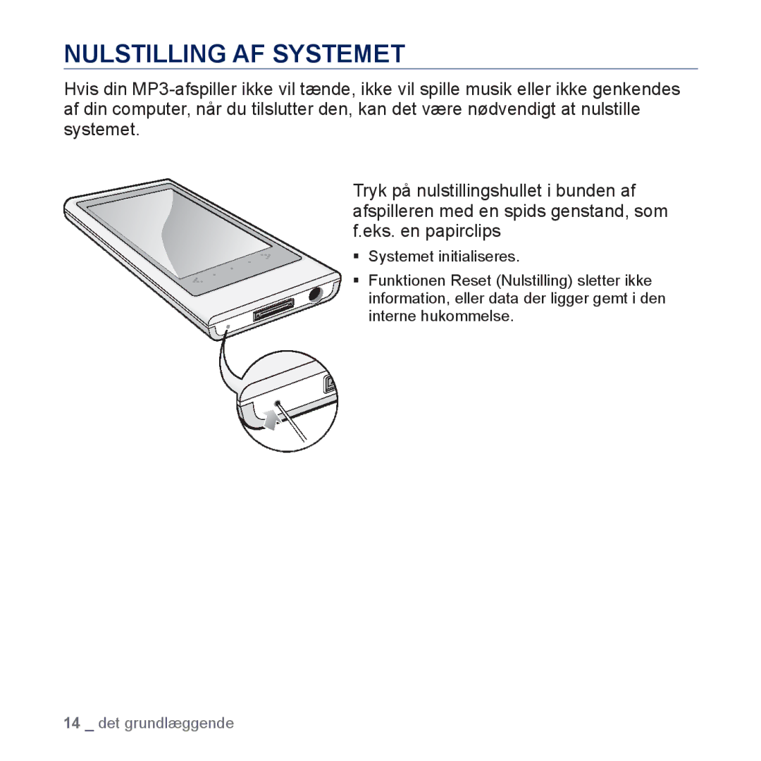 Samsung YP-P3JEB/XEE, YP-P3JCB/XEE manual Nulstilling AF Systemet 