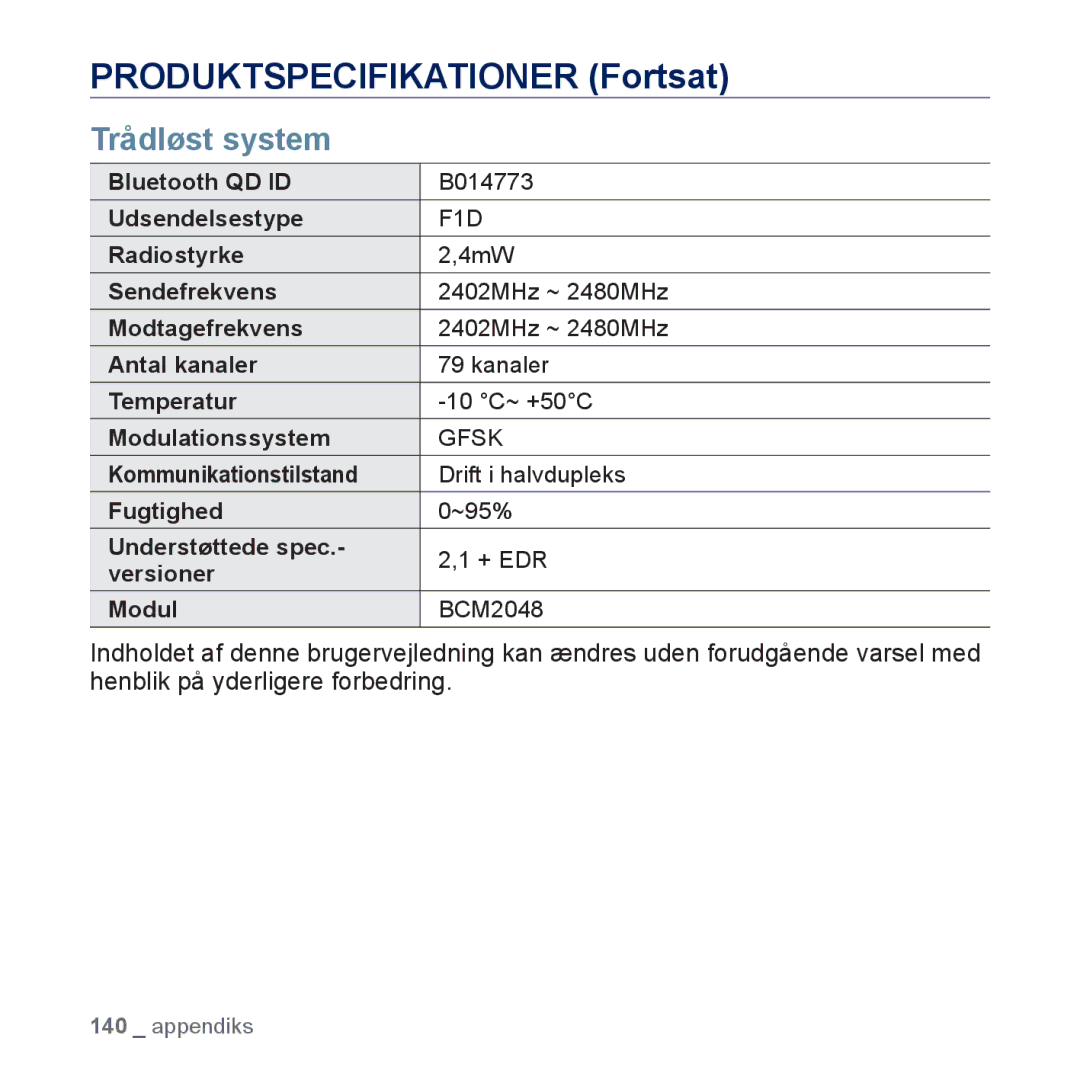 Samsung YP-P3JEB/XEE, YP-P3JCB/XEE manual Produktspecifikationer Fortsat, Trådløst system 