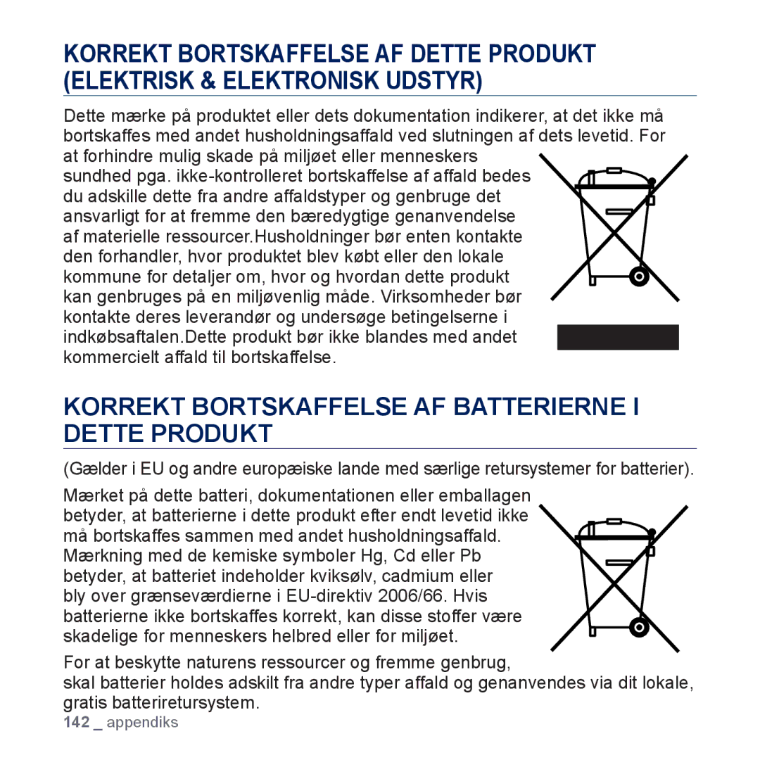 Samsung YP-P3JEB/XEE, YP-P3JCB/XEE manual Korrekt Bortskaffelse AF Batterierne I Dette Produkt 