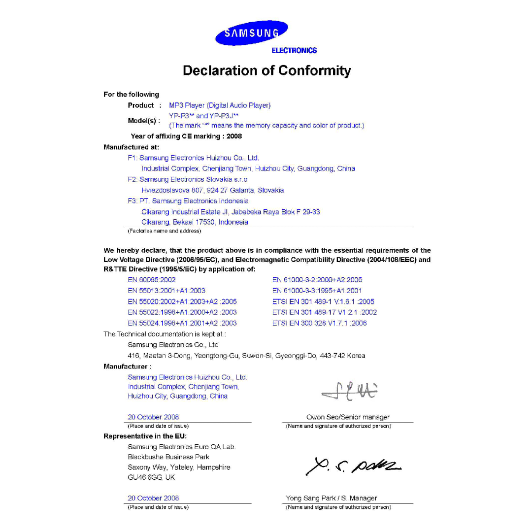 Samsung YP-P3JCB/XEE, YP-P3JEB/XEE manual 