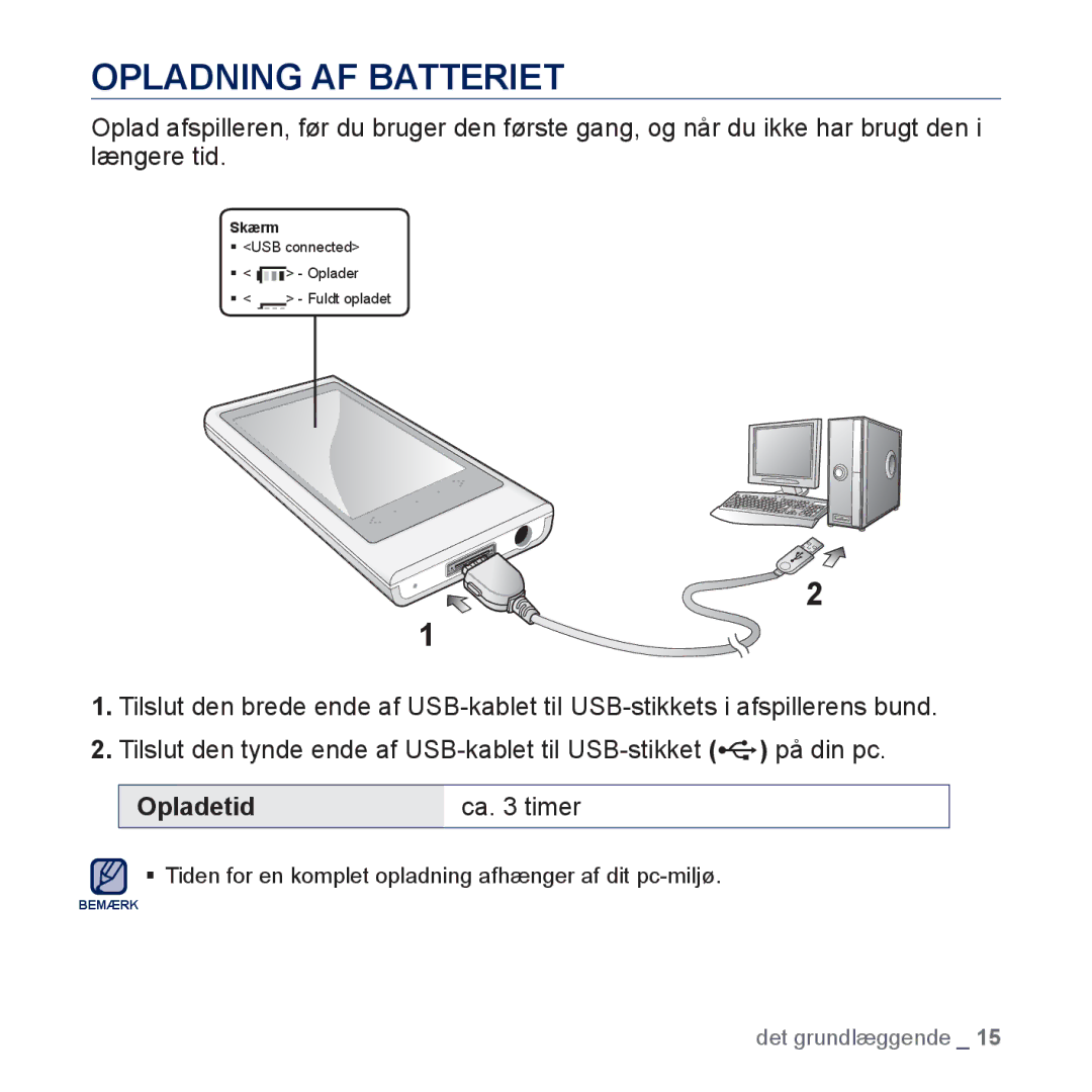 Samsung YP-P3JCB/XEE, YP-P3JEB/XEE manual Opladning AF Batteriet, Opladetid Ca timer 