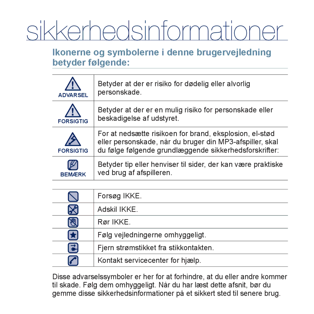 Samsung YP-P3JCB/XEE, YP-P3JEB/XEE manual Sikkerhedsinformationer 