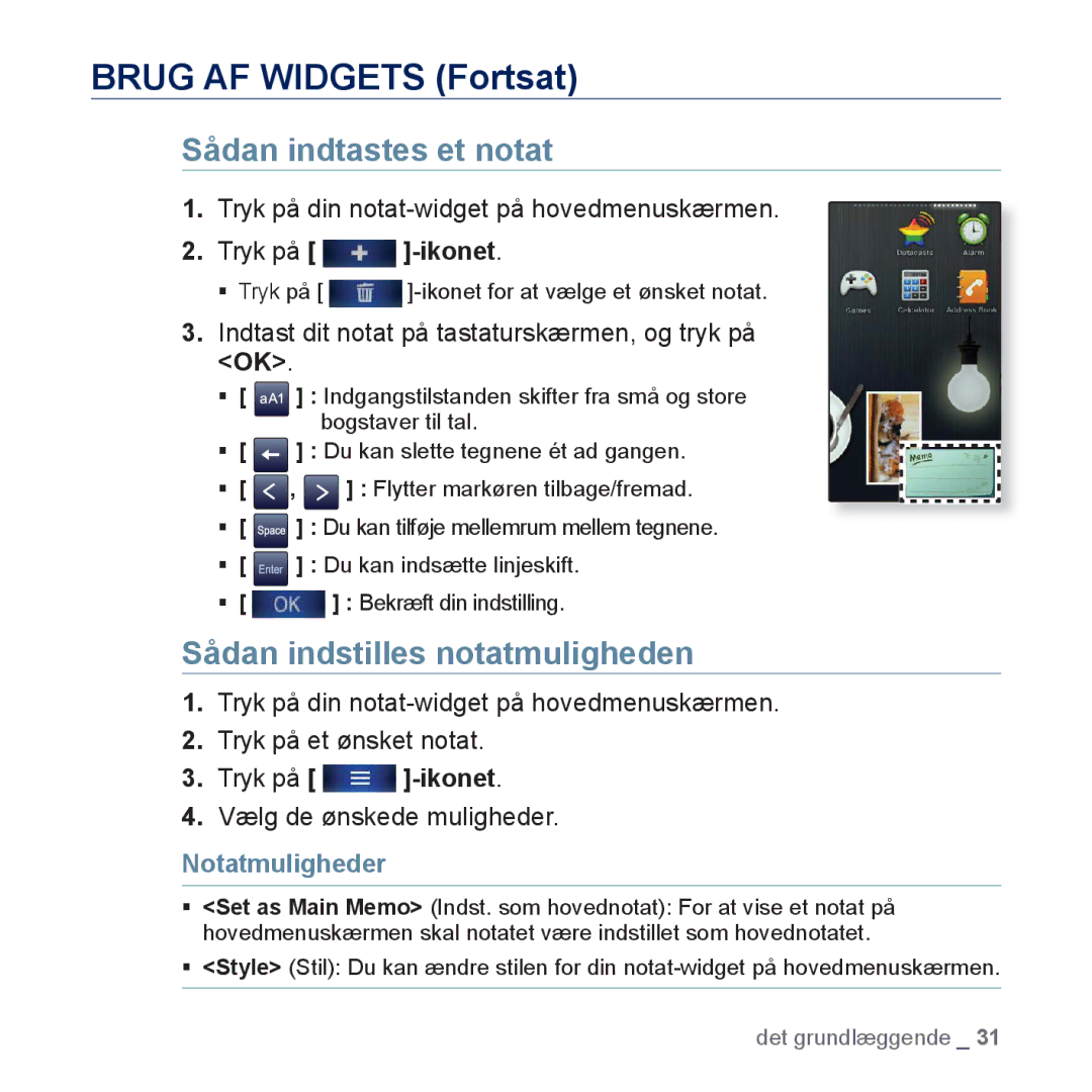 Samsung YP-P3JCB/XEE Brug AF Widgets Fortsat, Sådan indtastes et notat, Sådan indstilles notatmuligheden, Notatmuligheder 