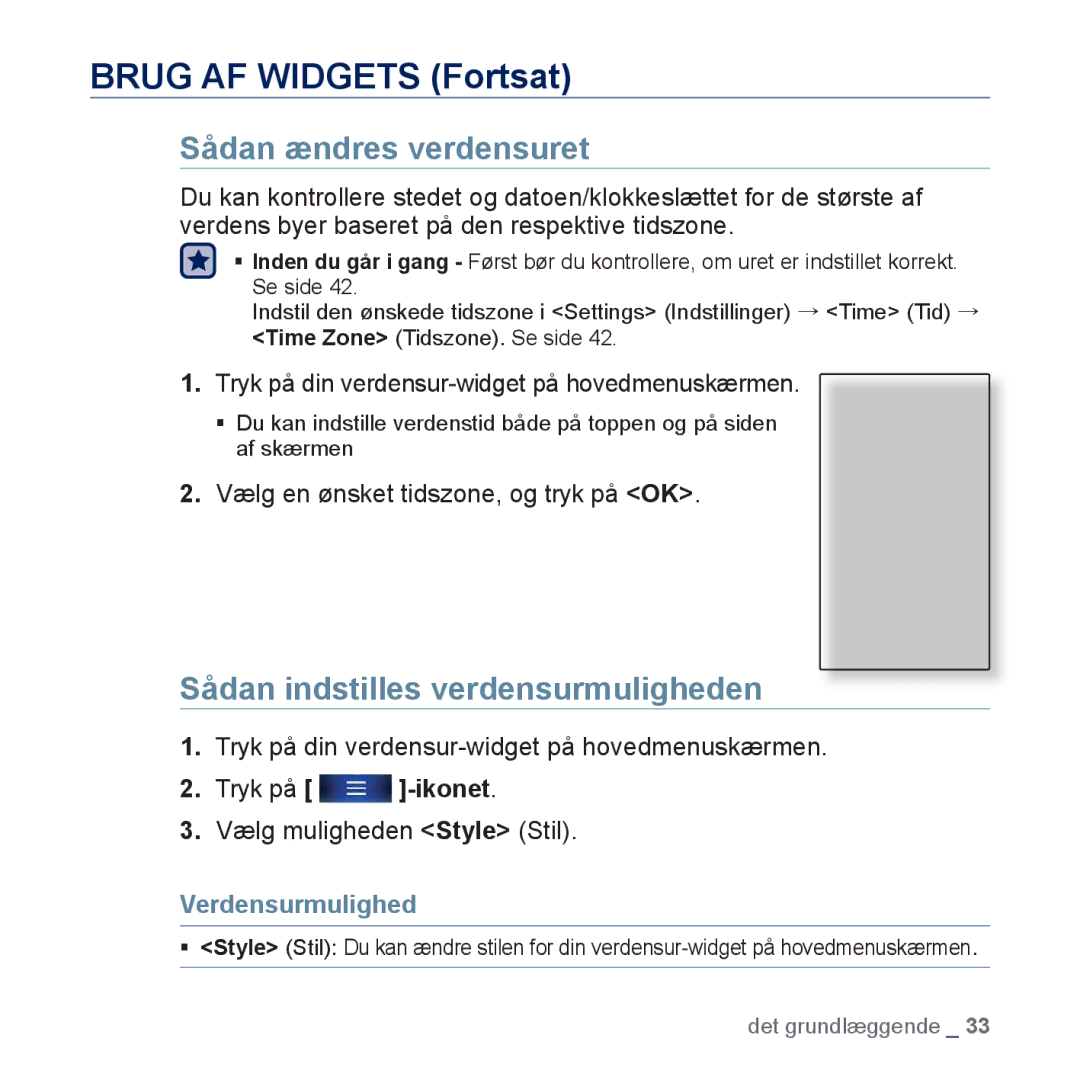 Samsung YP-P3JCB/XEE, YP-P3JEB/XEE manual Sådan ændres verdensuret, Sådan indstilles verdensurmuligheden, Verdensurmulighed 