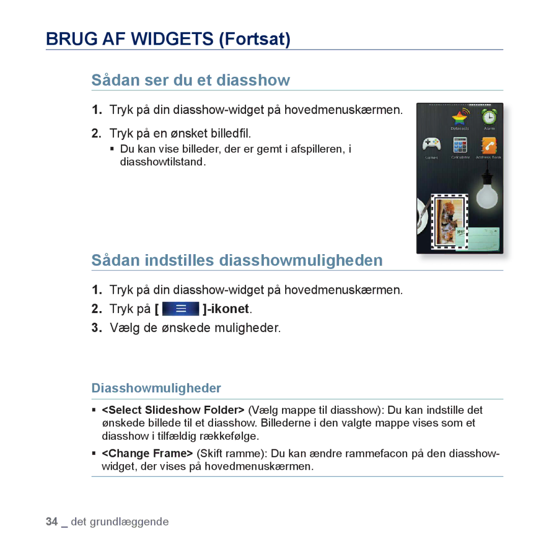 Samsung YP-P3JEB/XEE, YP-P3JCB/XEE manual Sådan ser du et diasshow, Sådan indstilles diasshowmuligheden, Diasshowmuligheder 