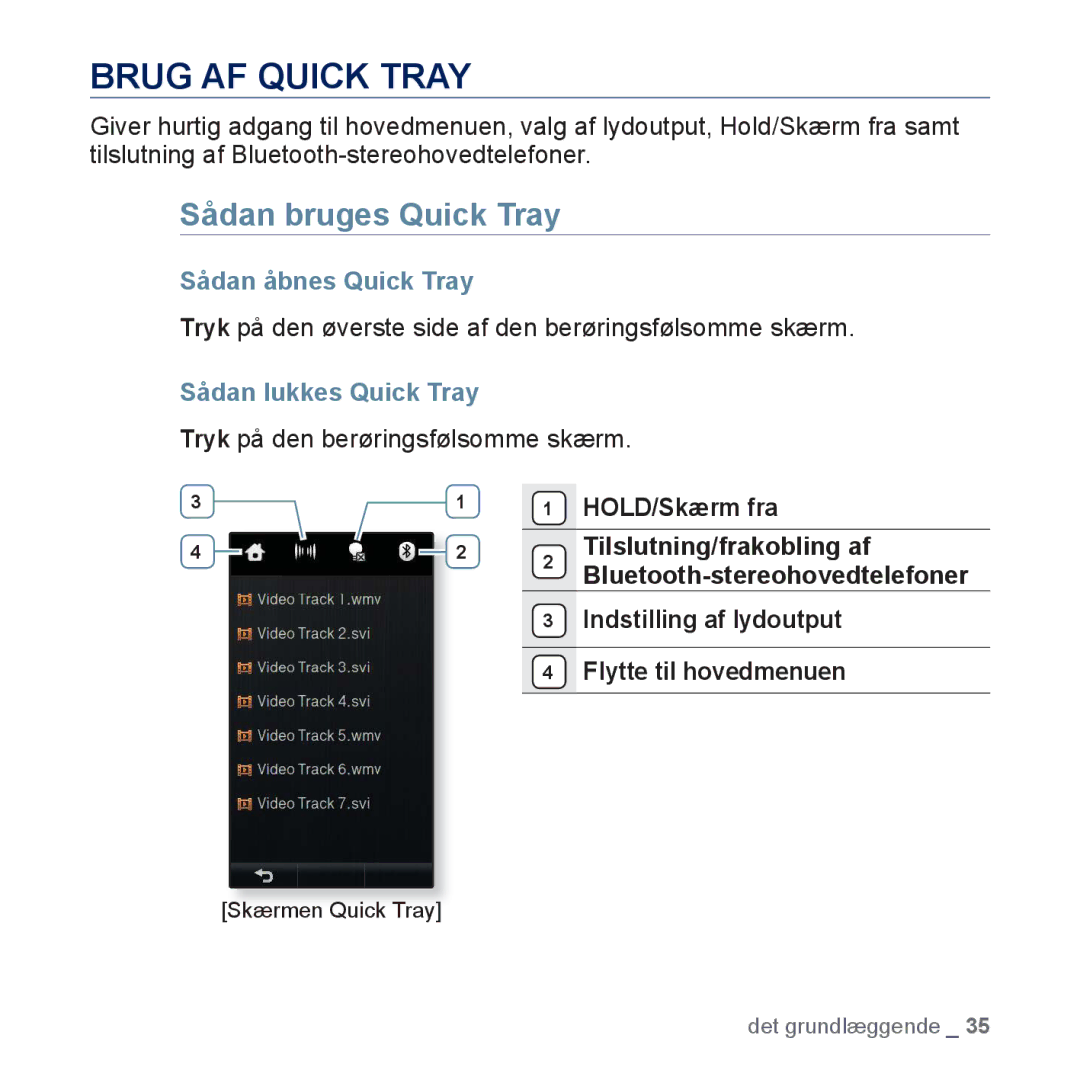 Samsung YP-P3JCB/XEE manual Brug AF Quick Tray, Sådan bruges Quick Tray, Sådan åbnes Quick Tray, Sådan lukkes Quick Tray 