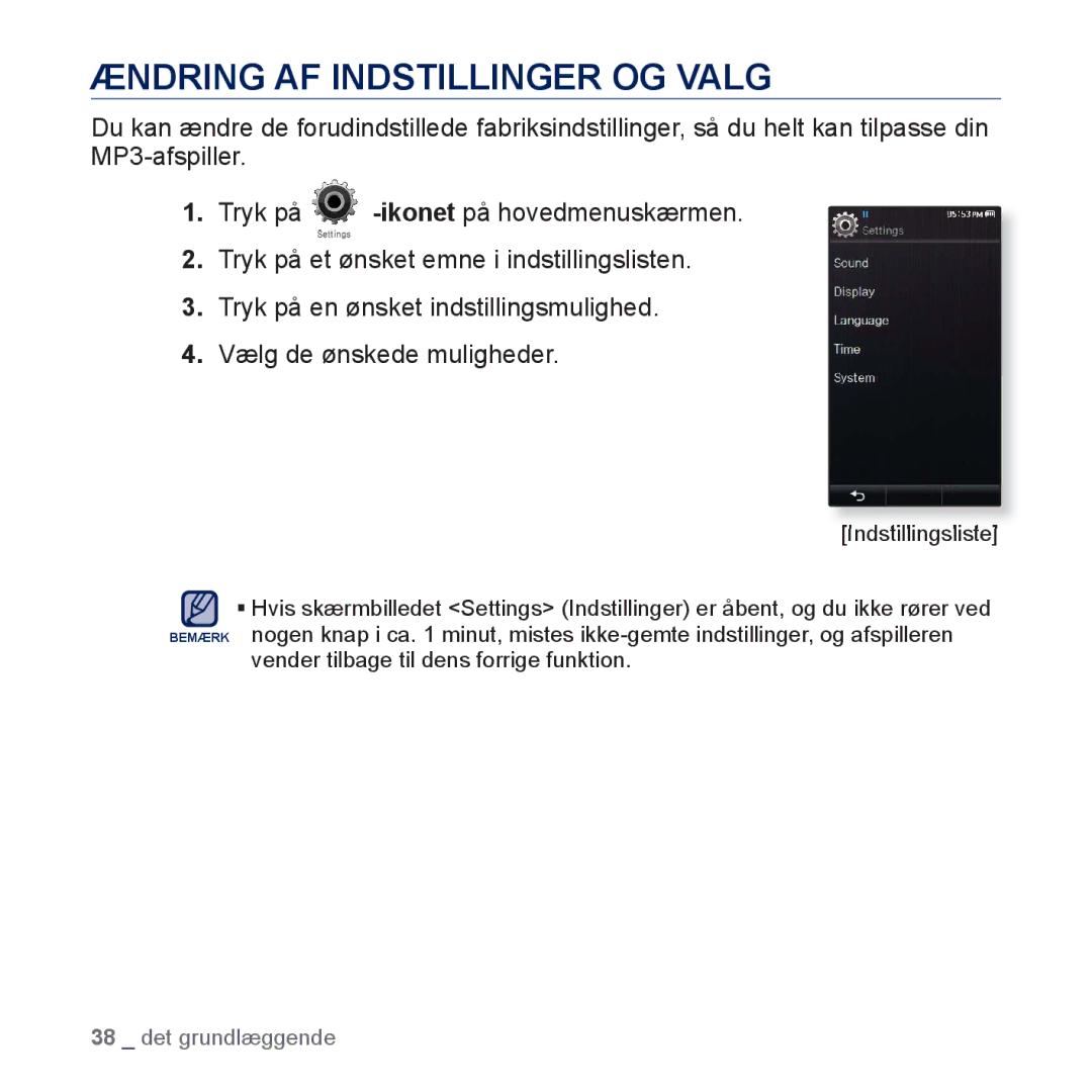 Samsung YP-P3JEB/XEE, YP-P3JCB/XEE manual Ændring AF Indstillinger OG Valg 