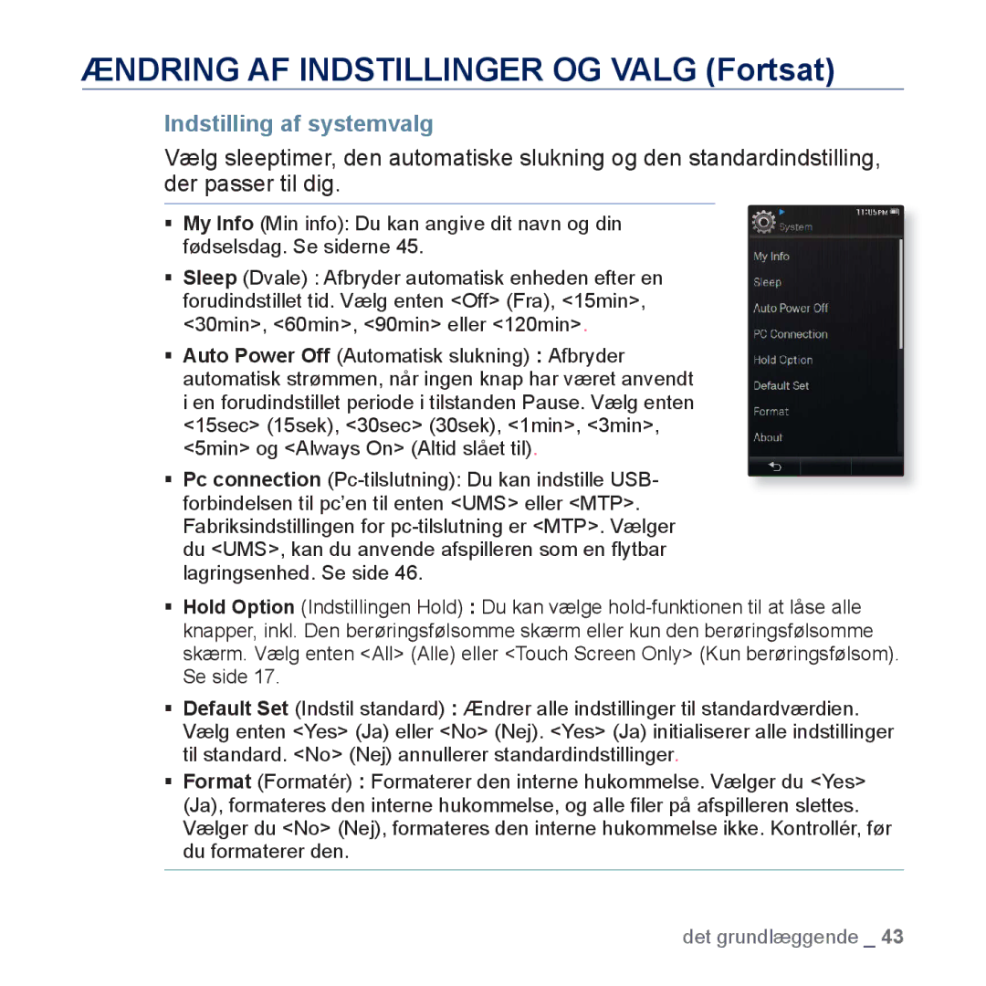 Samsung YP-P3JCB/XEE, YP-P3JEB/XEE manual Indstilling af systemvalg 