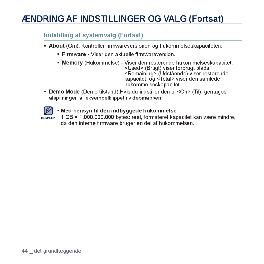 Samsung YP-P3JEB/XEE, YP-P3JCB/XEE manual Indstilling af systemvalg Fortsat, ƒ Med hensyn til den indbyggede hukommelse 