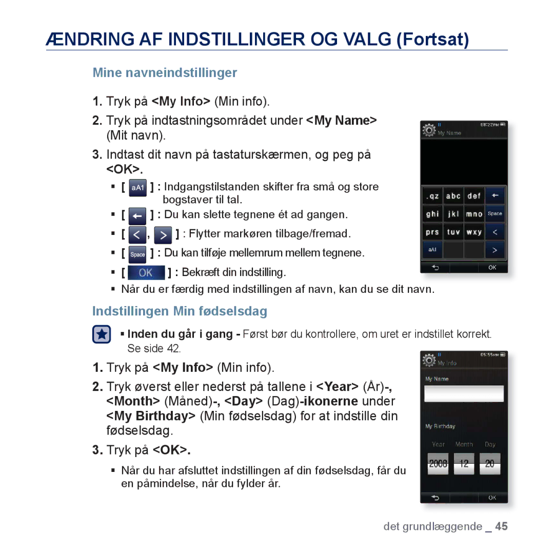 Samsung YP-P3JCB/XEE, YP-P3JEB/XEE manual Mine navneindstillinger, Indstillingen Min fødselsdag 