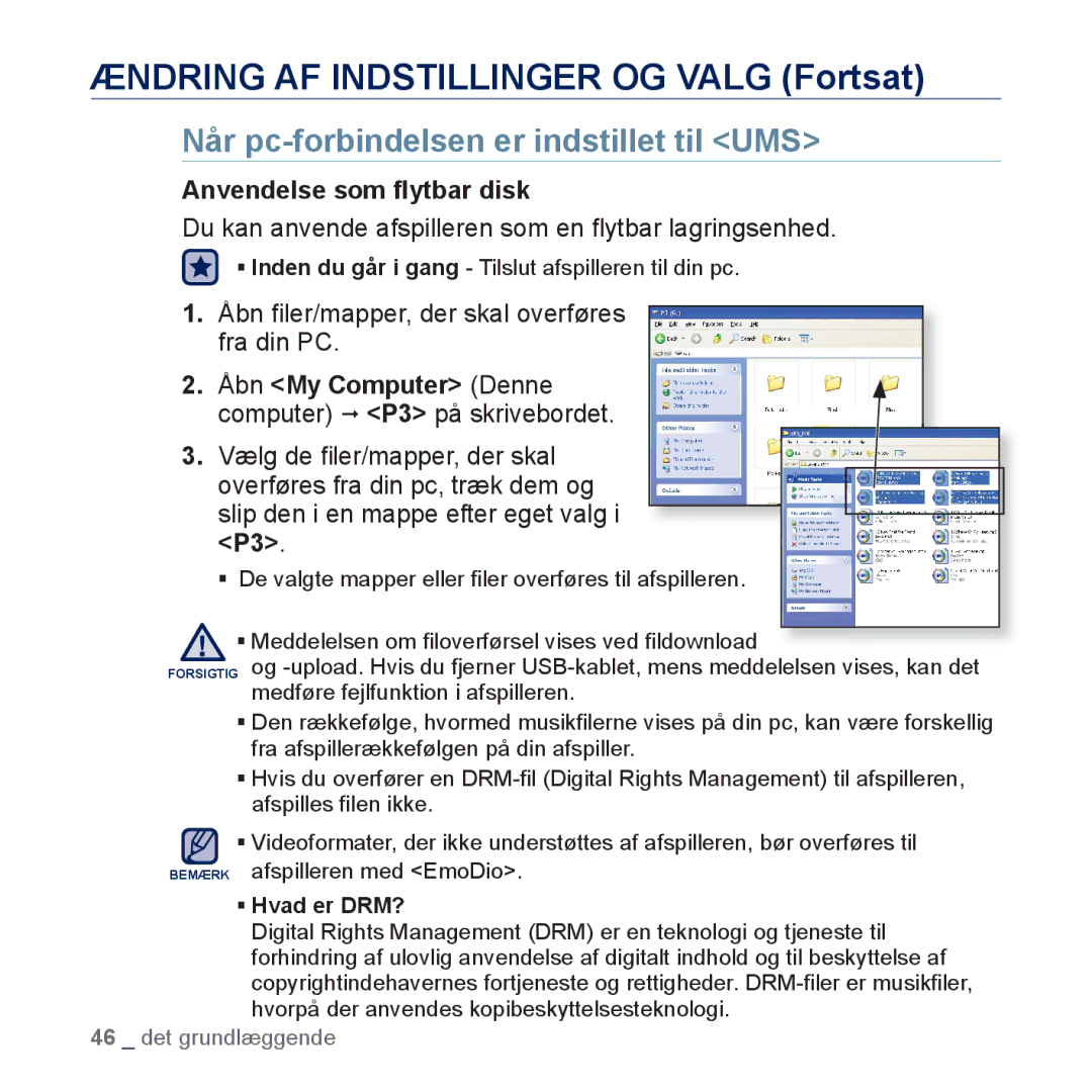 Samsung YP-P3JEB/XEE, YP-P3JCB/XEE manual Når pc-forbindelsen er indstillet til UMS, Anvendelse som ﬂytbar disk 