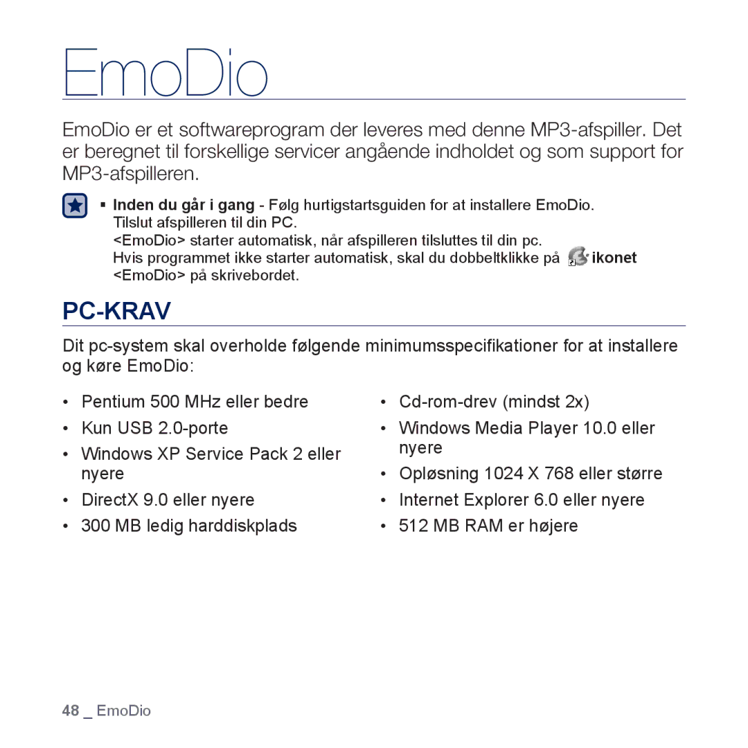 Samsung YP-P3JEB/XEE, YP-P3JCB/XEE manual EmoDio, Pc-Krav 